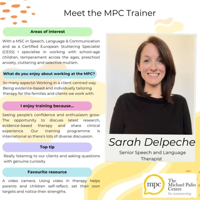Meet Sarah Delpeche! With a wealth of experience working with school-age children and a focus on building confidence with her clients - Sarah is a core part of the MPC team. 
Sarah will be teaching our upcoming US/Canada Palin PCI course. And she is joining Elaine Kelman and Ali Berquez to lead a workshop on Stuttering sponsored by The Stuttering Foundation and Boston University in June.
